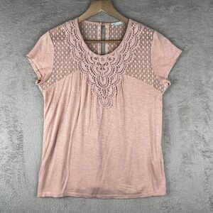 Maurices Pink Lace Shirt Women's Size Medium Short Sleeve Button Closure